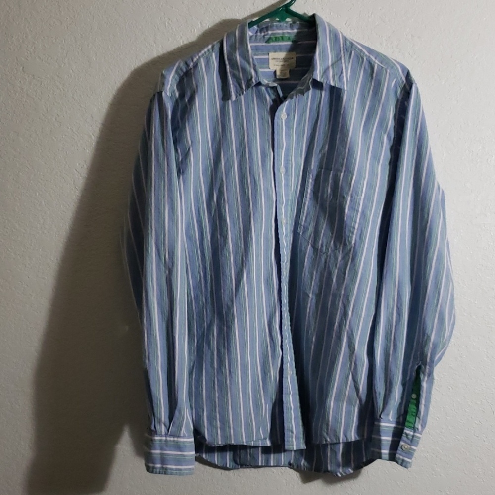 AEO Blue and Green striped 100% cotton shirt